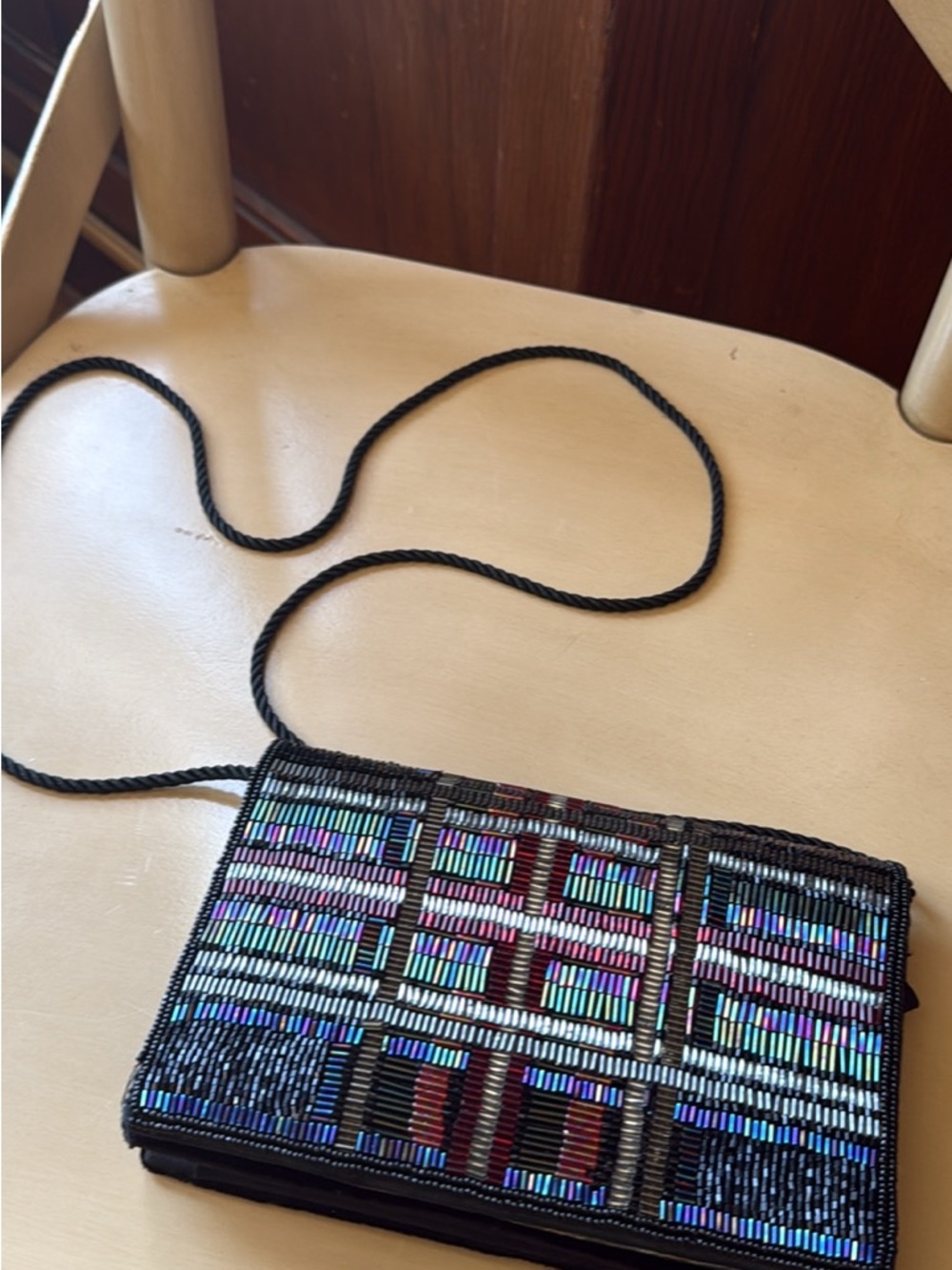 Vintage Neiman Marcus Beaded Crossbody Clutch Bag in Black with Iridescent Beads